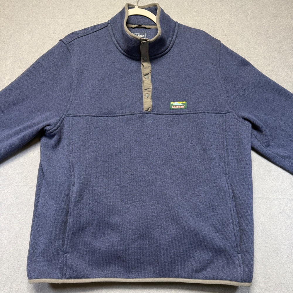 LL Bean Mens XL Sweater Fleece Pullover Blue Snap Mock Neck 298050 Regular‎ Fit